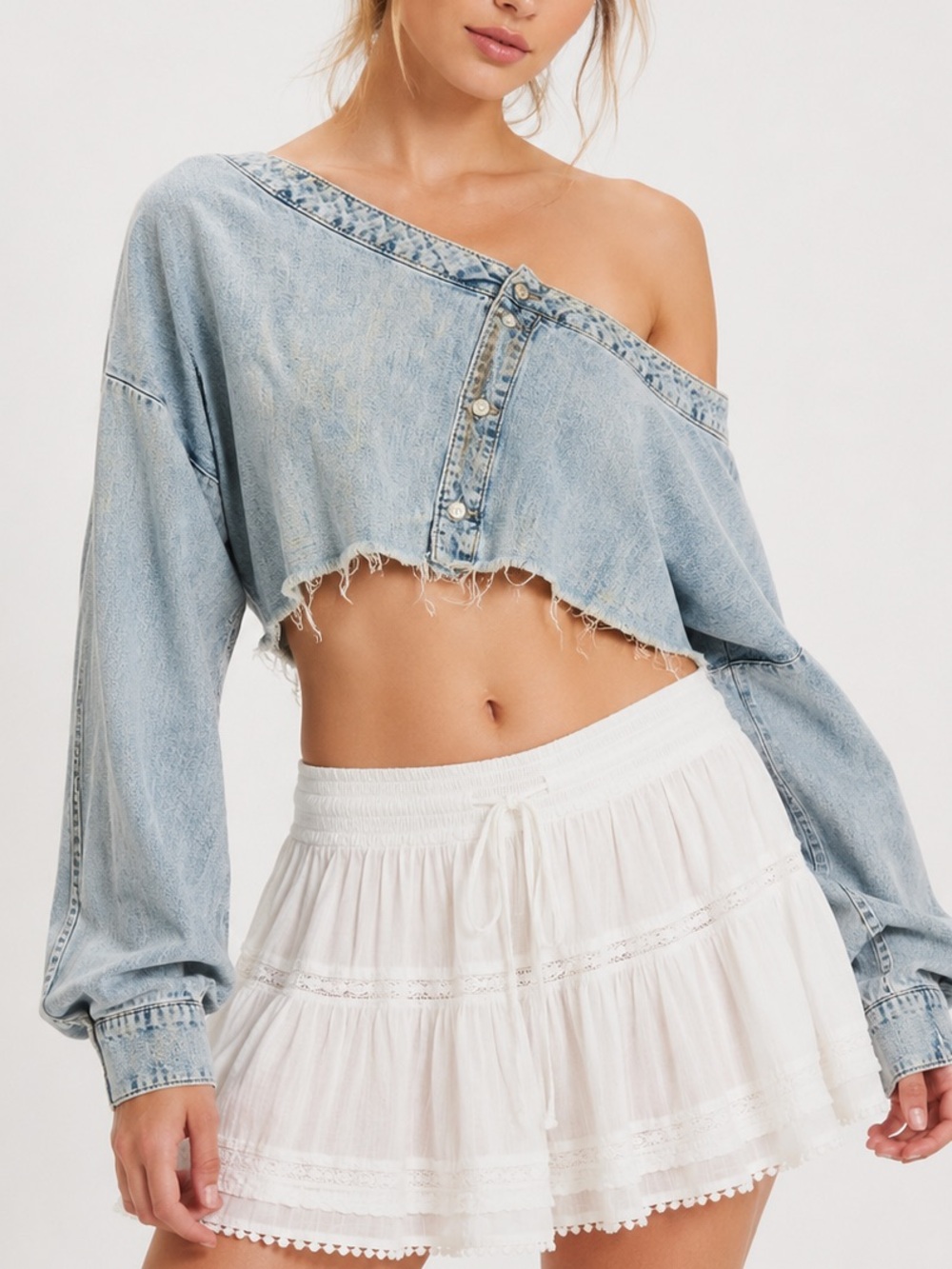 Zara Off Shoulder Denim Cropped Shirt